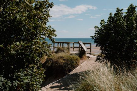 Wooden boardwalk with railings leads through dunes towards the sea