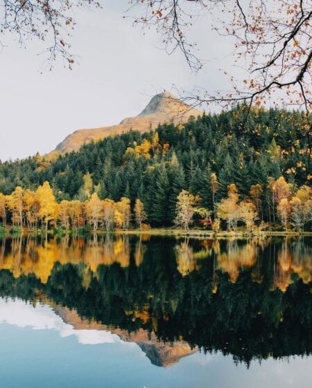 The Pap of Glencoe reflected in the lochan among autumn trees.