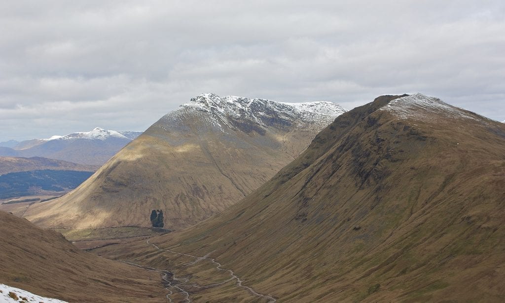 Beinn Dòrain's steep slopes above the glen, snow on the tops beyond.