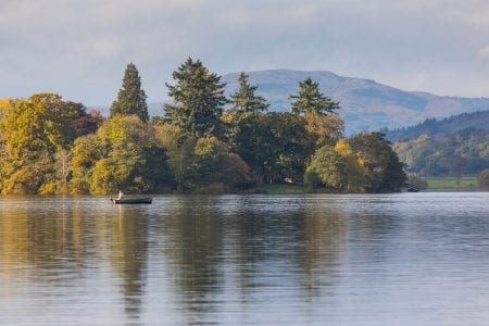 The Lake of Menteith, its wooded islands and the hills beyond.
