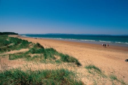 Grassy dunes border a wide sandy beach with walkers near the shoreline