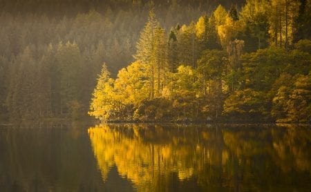 Loch Ard still as glass, reflecting trees and hills.