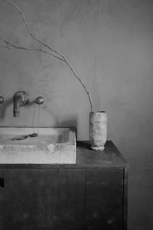 A carved stone basin with wall-mounted taps stands on a dark cabinet, a tall vase holding a bare branch beside it.