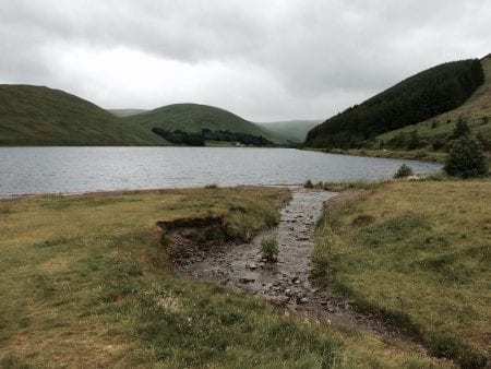 A stream trickles into a loch surrounded by rolling green hills and forest