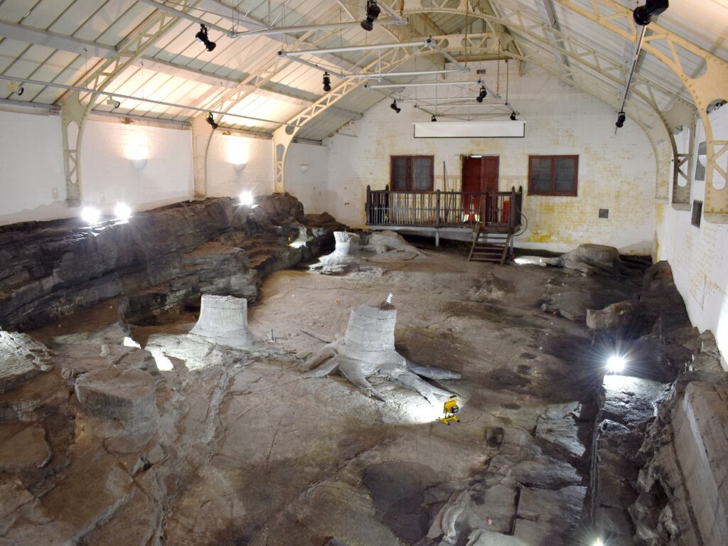 Exposed bedrock and quarry pits preserved inside a roofed exhibition hall