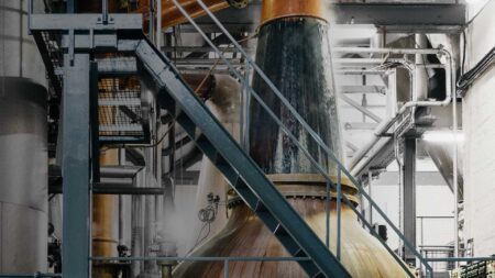 The tall copper stills in Fettercairn's stillhouse, among steel walkways.