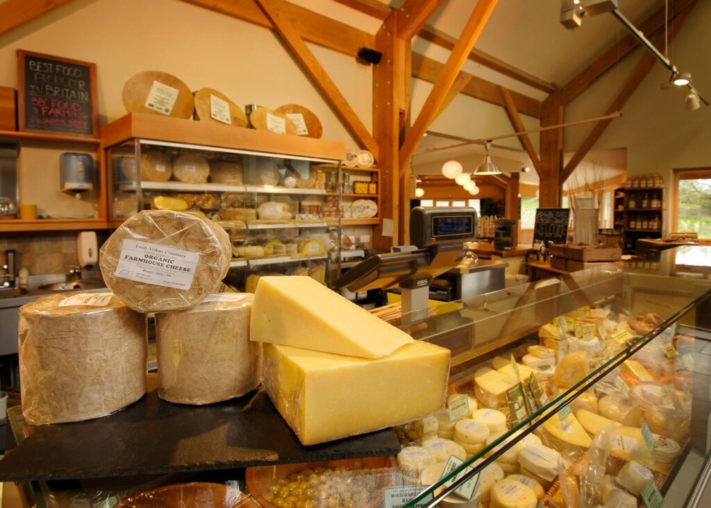 Cheese wheels and wedges displayed on wooden counters in a farm shop