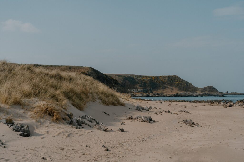 Grassy dunes and rocky sand lead to a curved headland beyond the bay