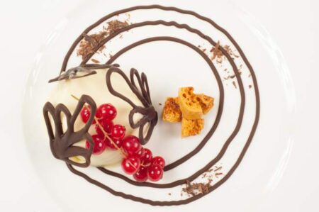 A chocolate and redcurrant dessert with honeycomb, drawn in chocolate on a white plate, the Lynnfield.