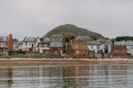 North Berwick's waterfront houses seen from the sea below the Law