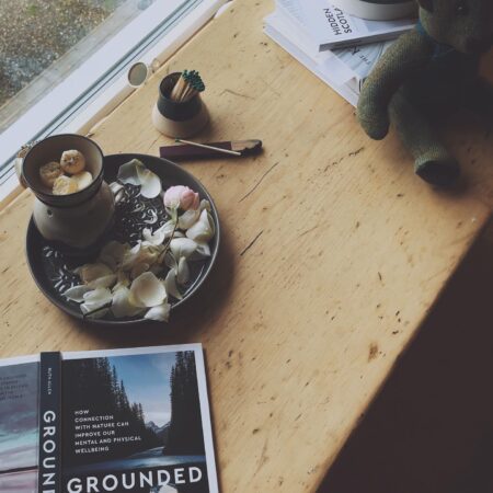 Oil burner and dried petals beside "Grounded" book on a windowsill table