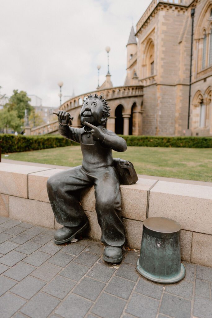 The bronze Oor Wullie on the wall outside the McManus, pea shooter raised.
