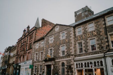 The Golden Lion's tall stone front on King Street, Stirling.