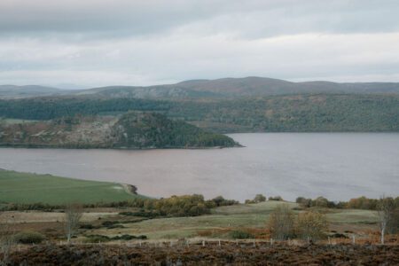 Wooded headland juts into a wide loch beneath rolling grey hills