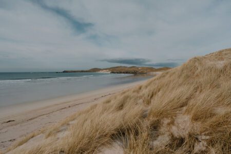 Marram grass covers dunes above a curved sandy beach and bay