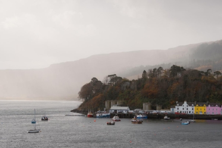 Colourful houses line Portree harbour beneath misty, tree-covered hillside, with boats moored offshore