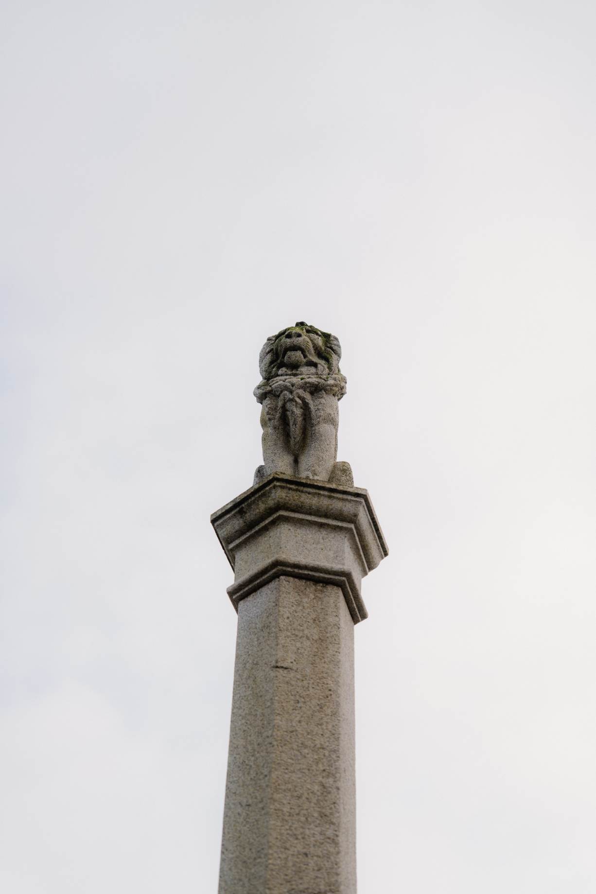 Stone column topped with a carved crown against pale sky