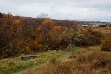 Wooden bench overlooking a red footbridge among autumn trees and moorland
