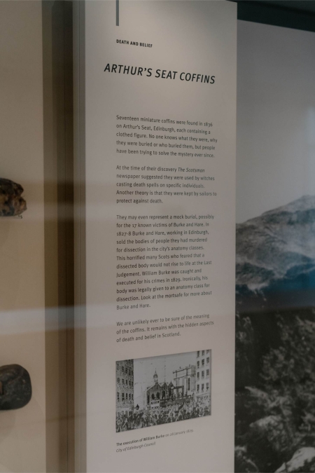 Museum panel titled "Arthur's Seat Coffins" with text and William Burke execution illustration