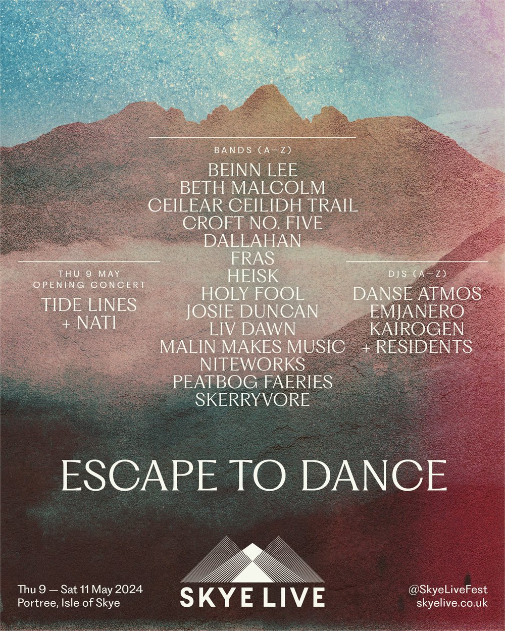 Skye Live festival poster listing bands and DJs, Portree, Thu 9–Sat 11 May 2024