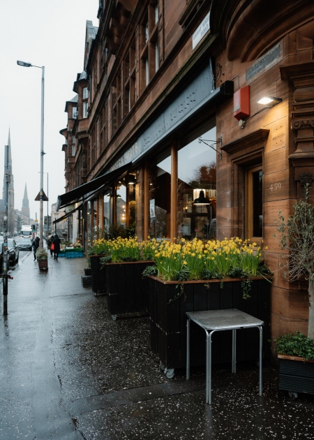 Buckets of flowers along the pavement on a wet day on Great Western Road.