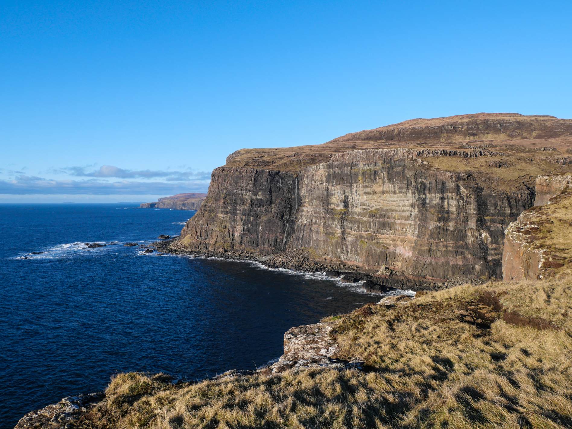 The cliffs of the Duirinish coast running out towards Idrigill Point under a clear sky.