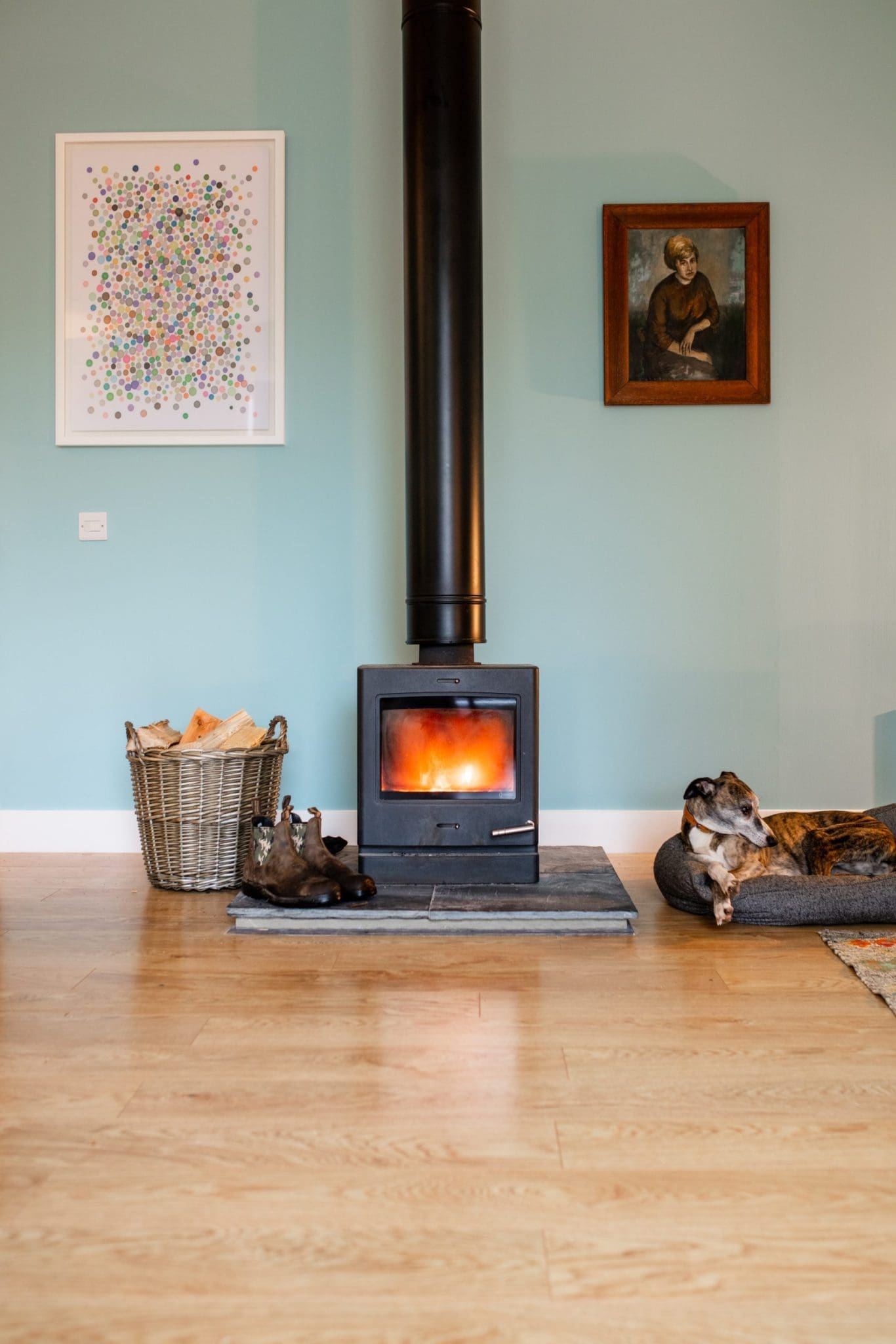 A dog rests on a bed beside a lit wood-burning stove