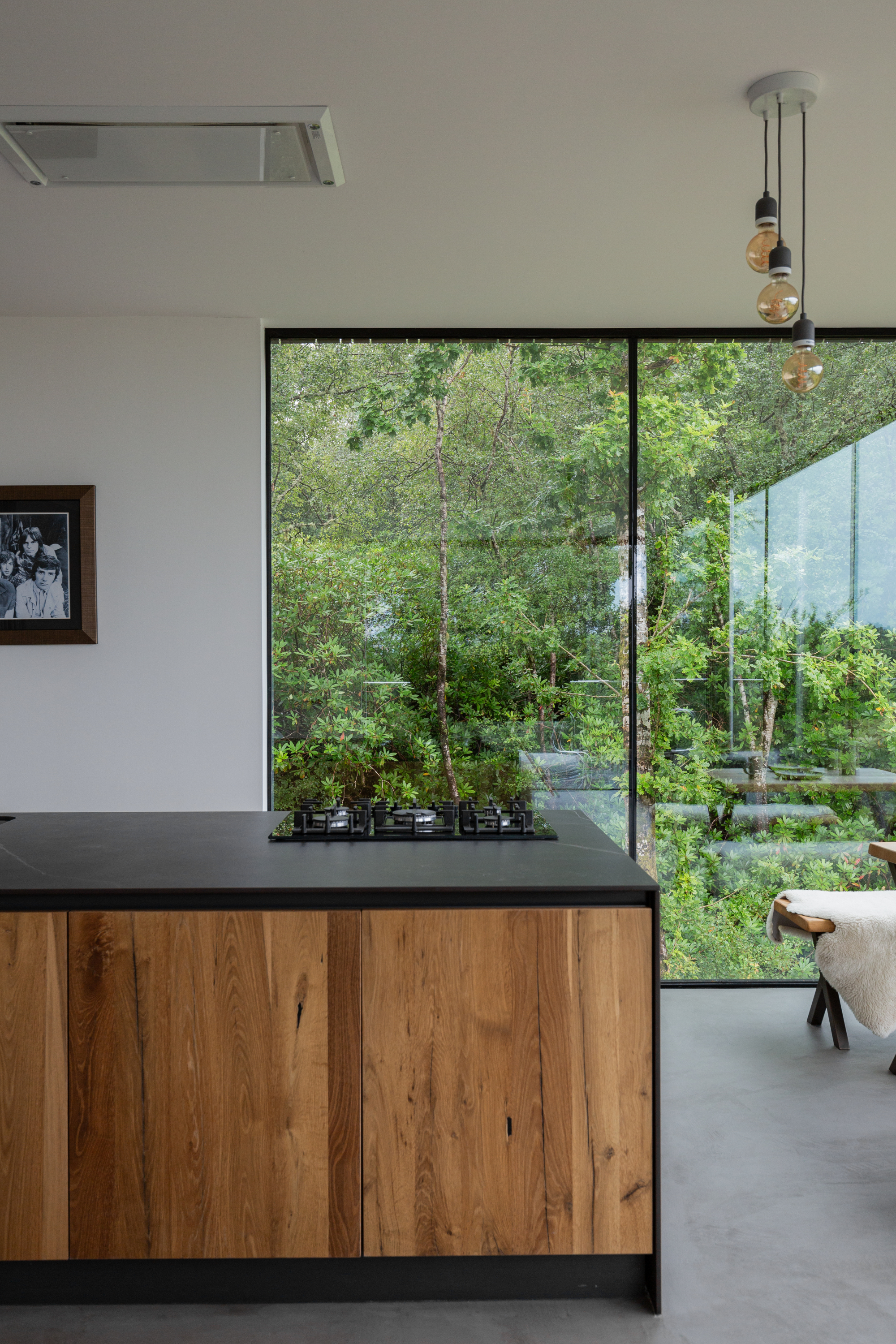 A dark kitchen island with a hob and wooden cabinetry stands before floor-to-ceiling windows looking onto woodland.