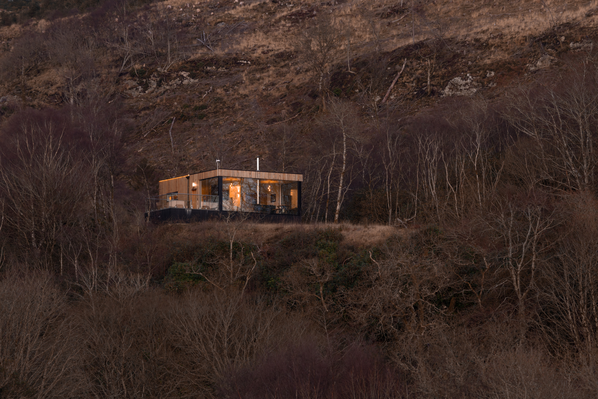 A timber house glows with lit windows on a wooded hillside at dusk, bare birch trees framing the view.
