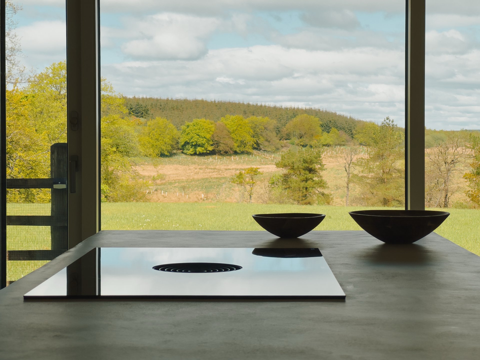 An induction hob and two dark bowls sit on a kitchen island before floor-to-ceiling windows overlooking a field and treeline.