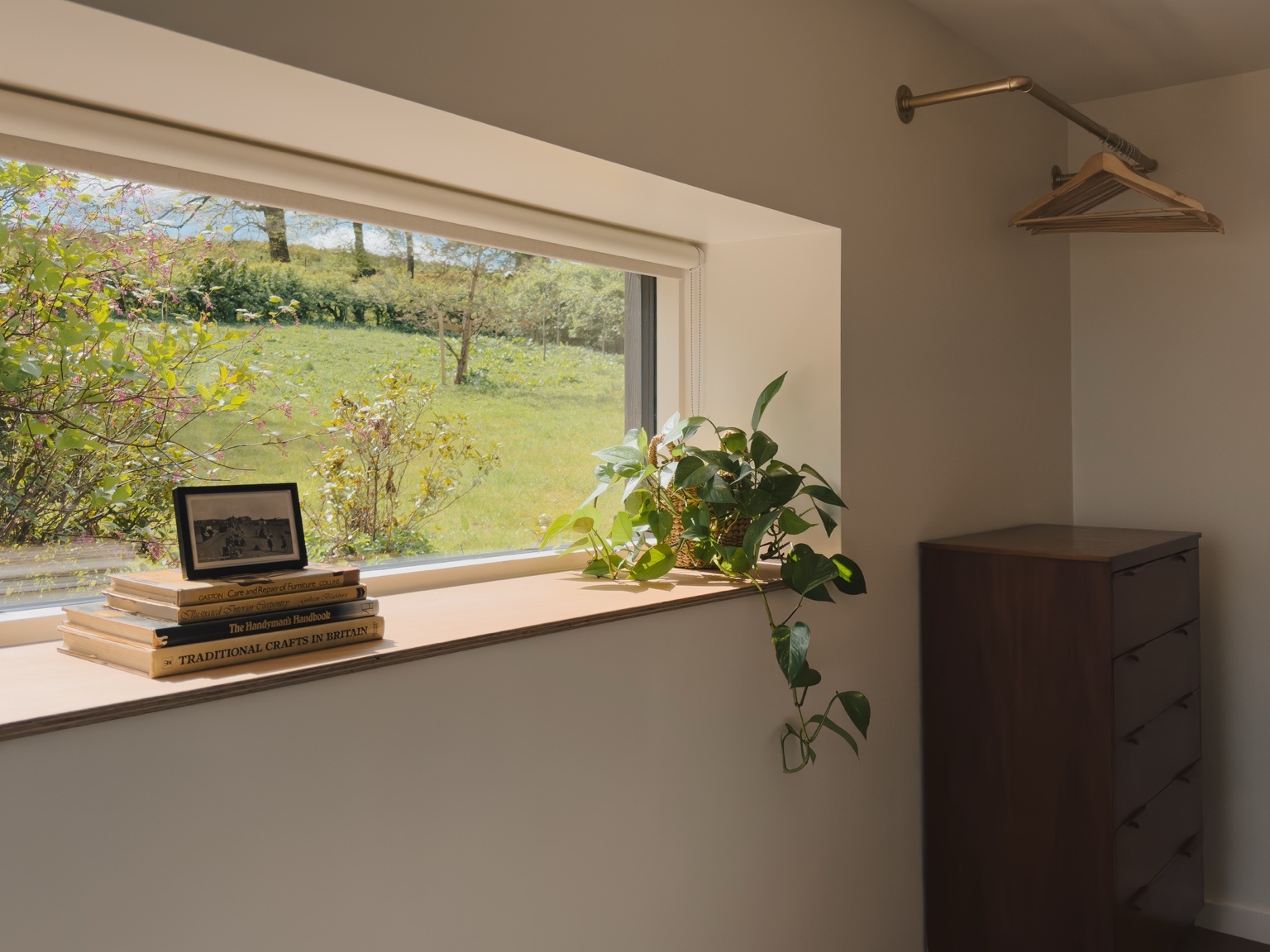 A window seat holds a stack of books and a framed photograph, a trailing potted plant beside a wardrobe with a wooden hanger rail.