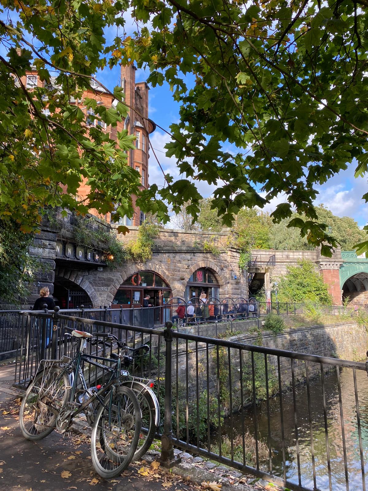 The River Kelvin through trees, the arches of Inn Deep below the bridge.