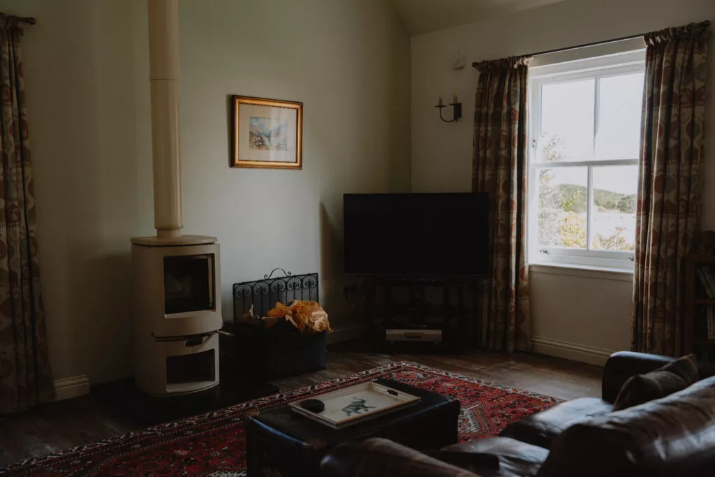 A cream wood-burning stove with a basket of logs sits beneath a framed print, a television and curtained window to the side.