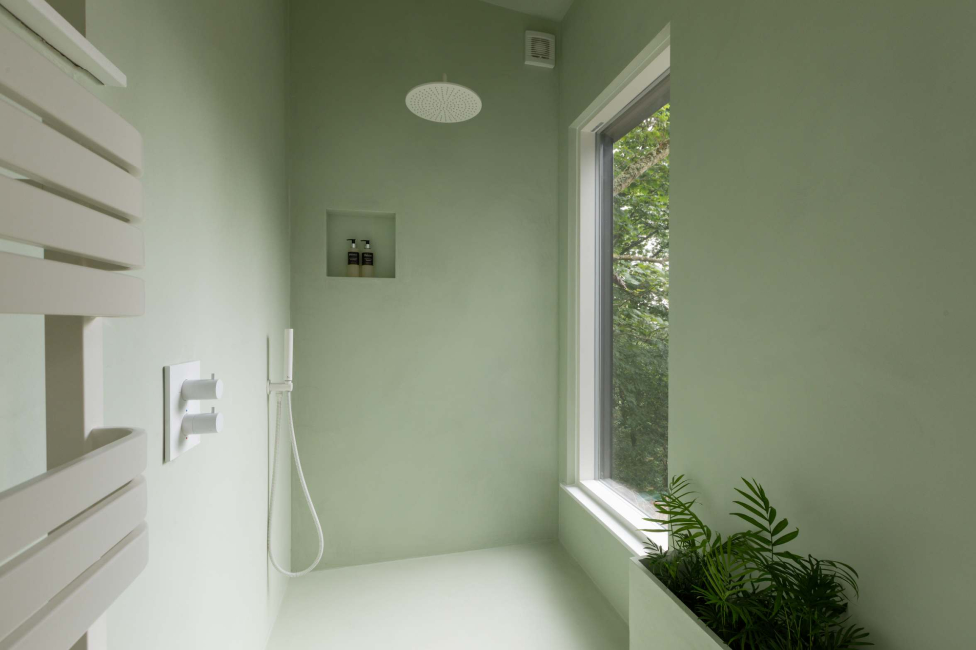 A shower area with a ceiling rainfall head and a wall-mounted hose, a window onto greenery and a potted fern in the corner.