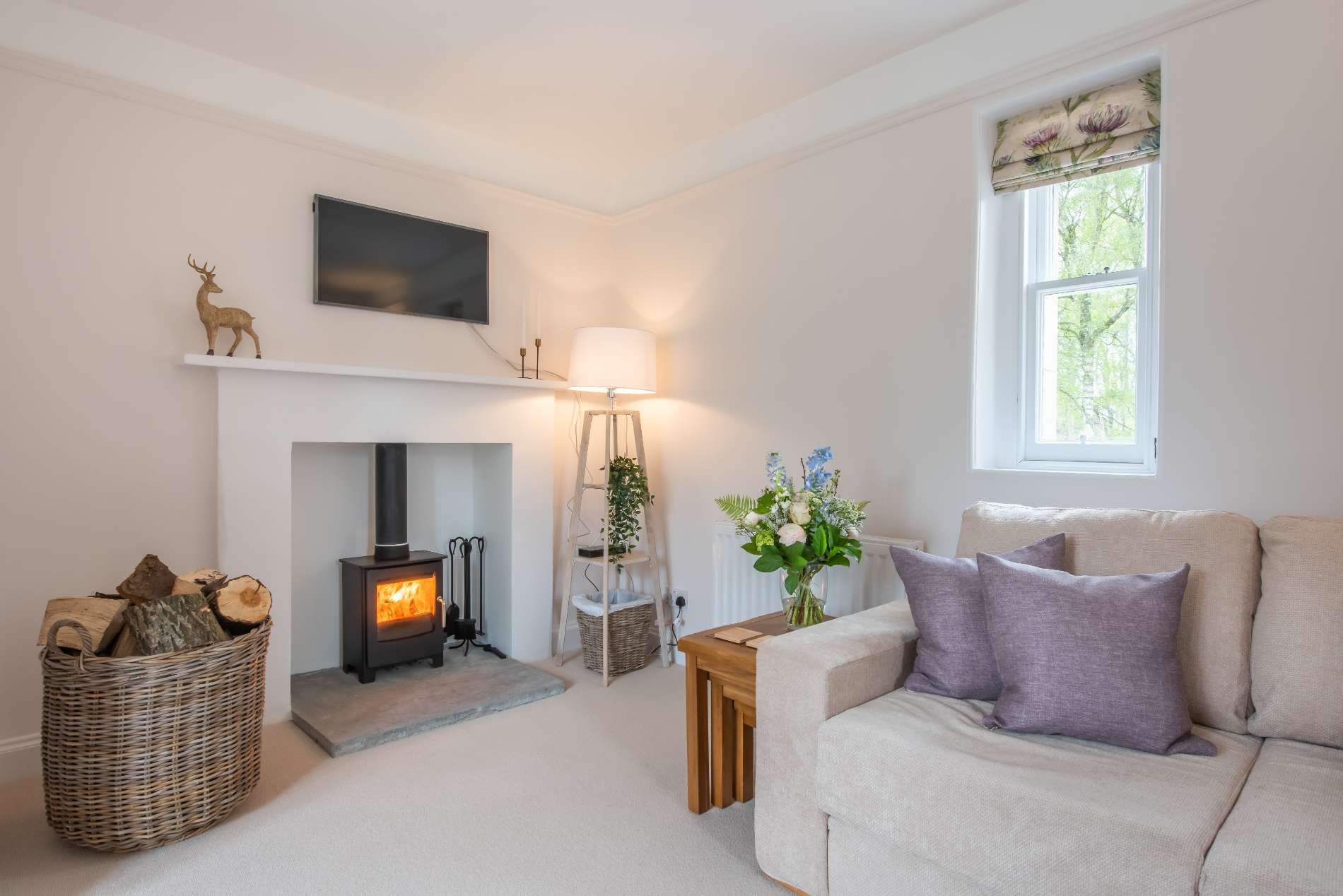 A wood-burning stove is lit beneath a wall-mounted television, a small bronze stag on the mantel and a log basket beside a cream sofa with purple cushions.