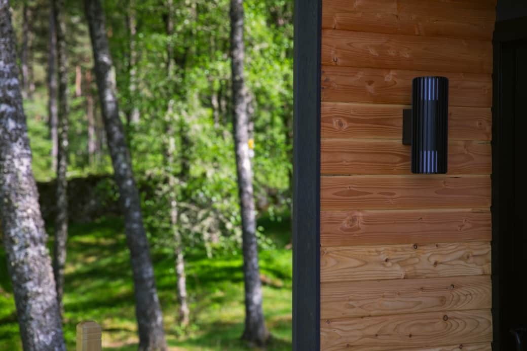 A wall-mounted light fixture is mounted on a timber-clad building, birch trees visible in the background.