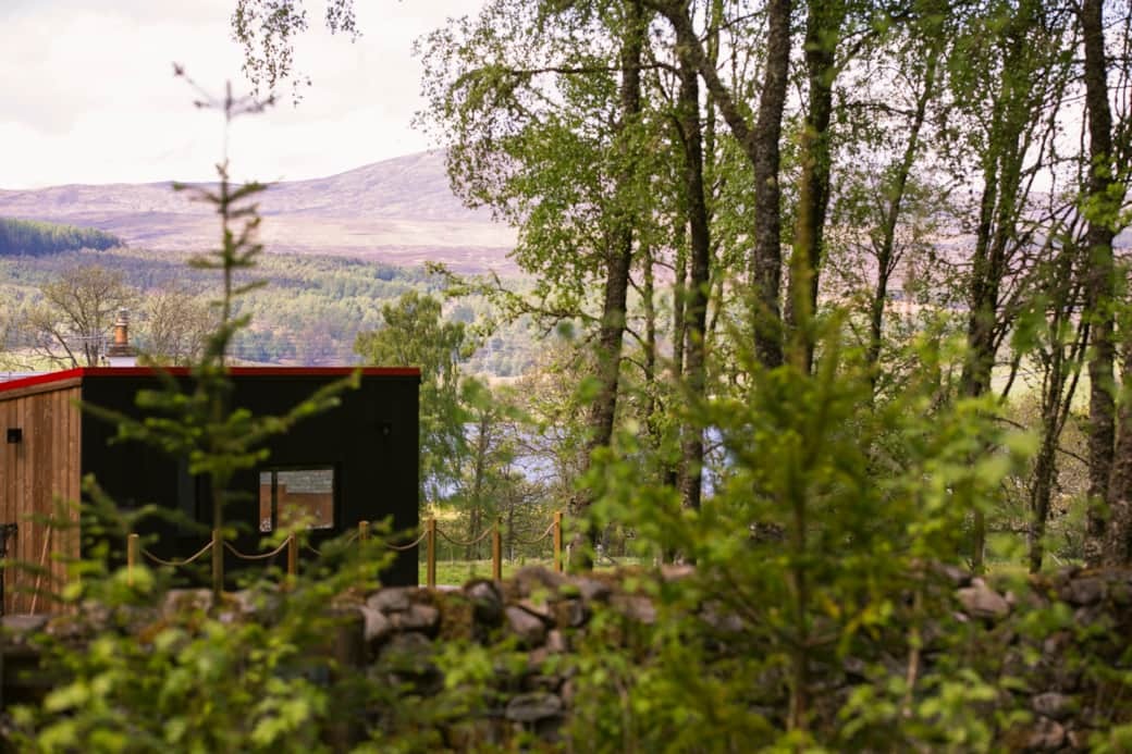 A dark timber cabin with a red chimney stands among birch trees on a hillside, a loch and hills visible beyond a dry stone wall.