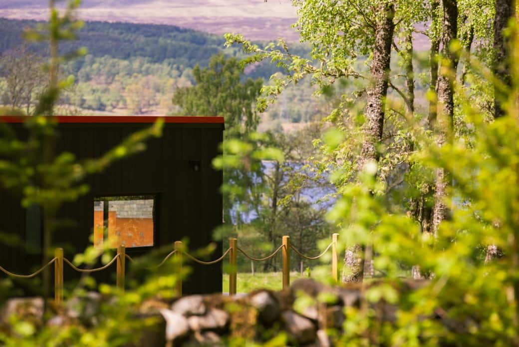 A dark timber cabin with a red-lit window is glimpsed through birch trees above a loch.